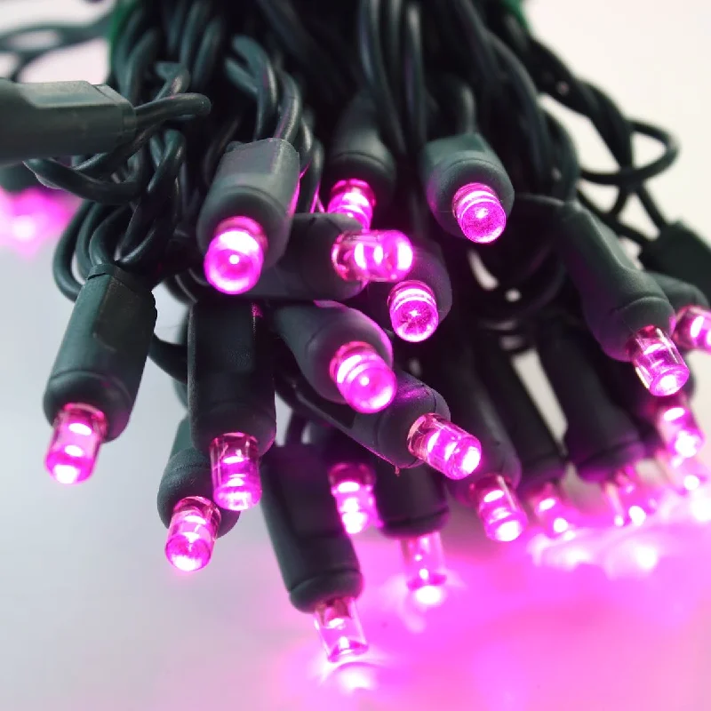 50-light  5mm Pink LED Christmas Lights, 4" Spacing Green Wire