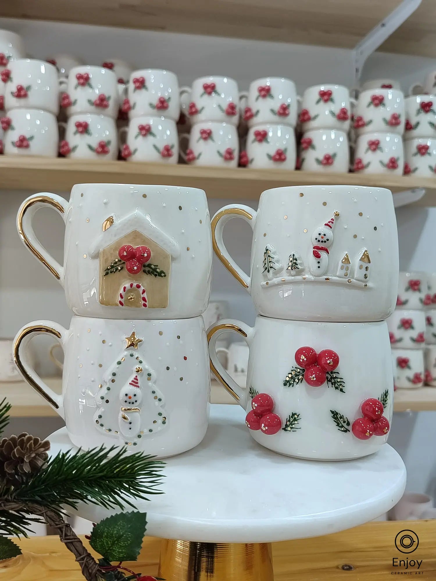 Christmas Handmade Ceramic Mug Set - Snowman, Christmas Tree, Gingerbread House & Winter Berries Design with Gold Handle