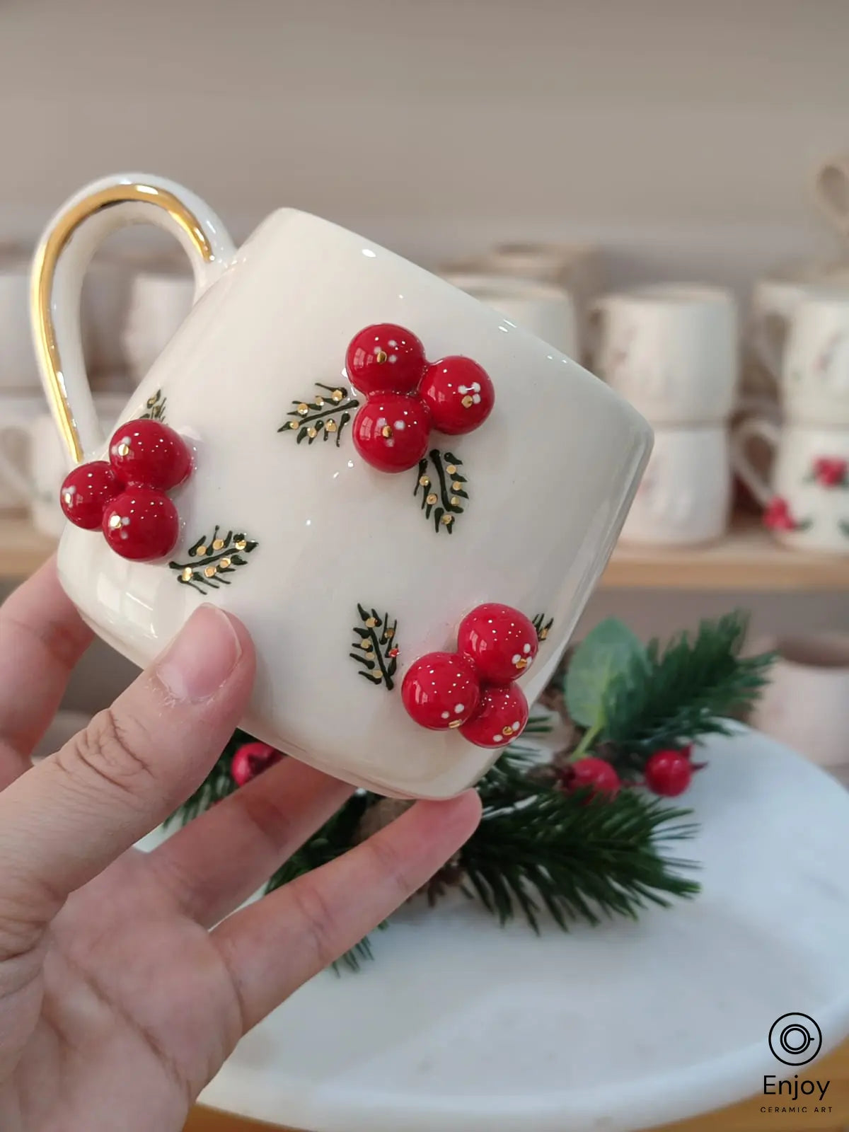 Cheerful Handmade Winterberry Holly Christmas Mug - 10oz with Gold Handle