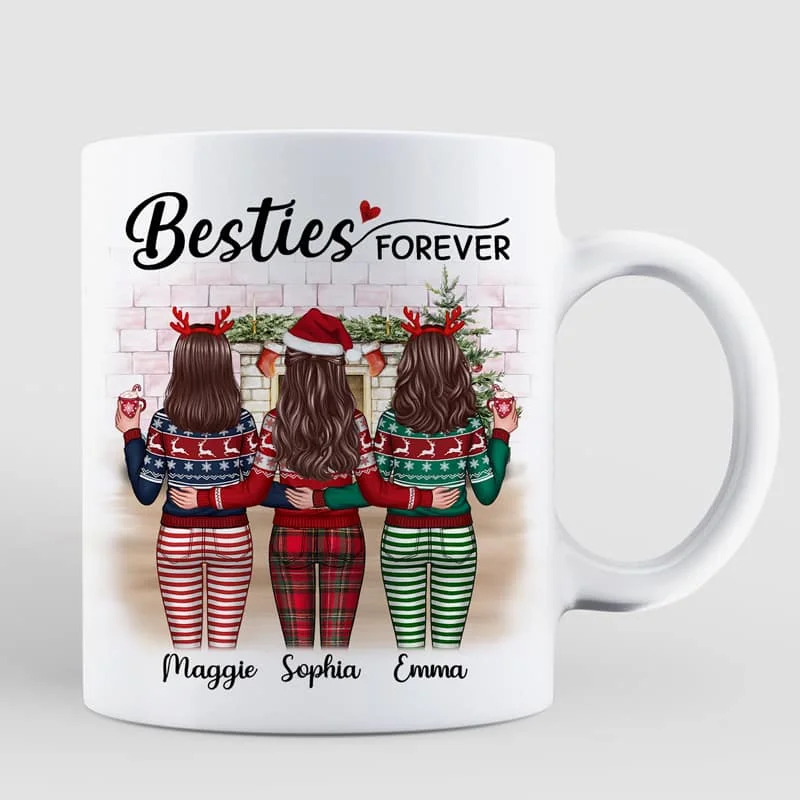 Christmas Besties Standing Back View In House Personalized Mug