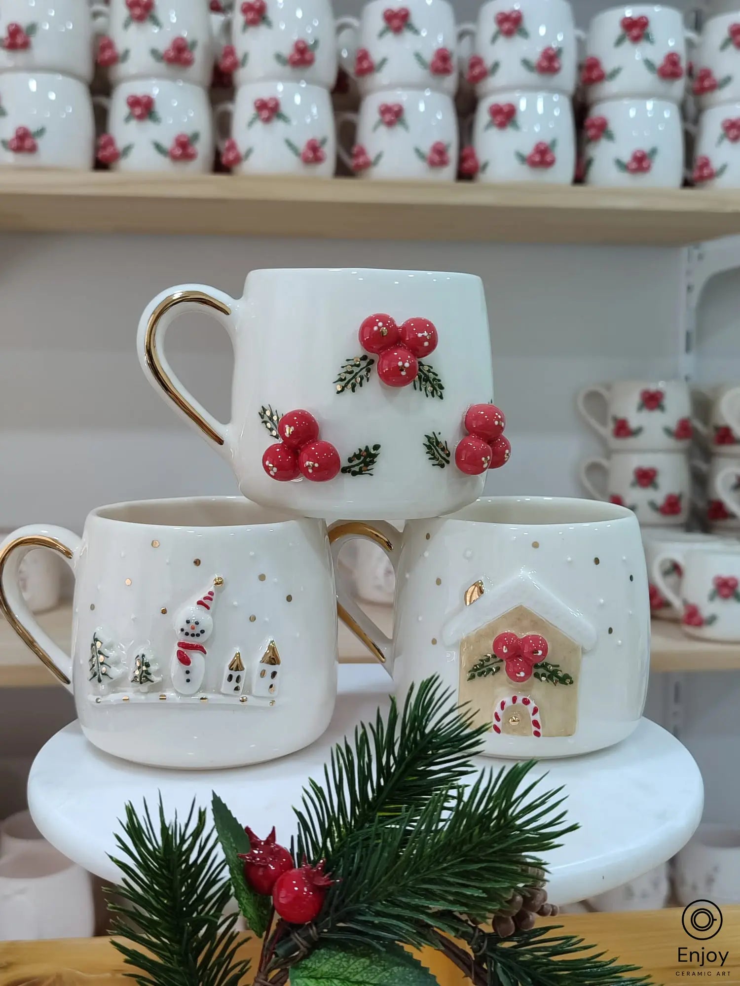 Christmas Cheer Ceramic Mug Set – Snowman, Winterberries & Gingerbread House – 10oz with Gold Handle