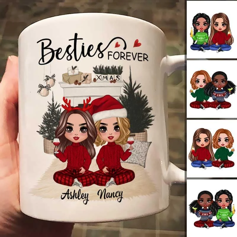 Christmas Doll Besties At Fireplace Personalized Mug