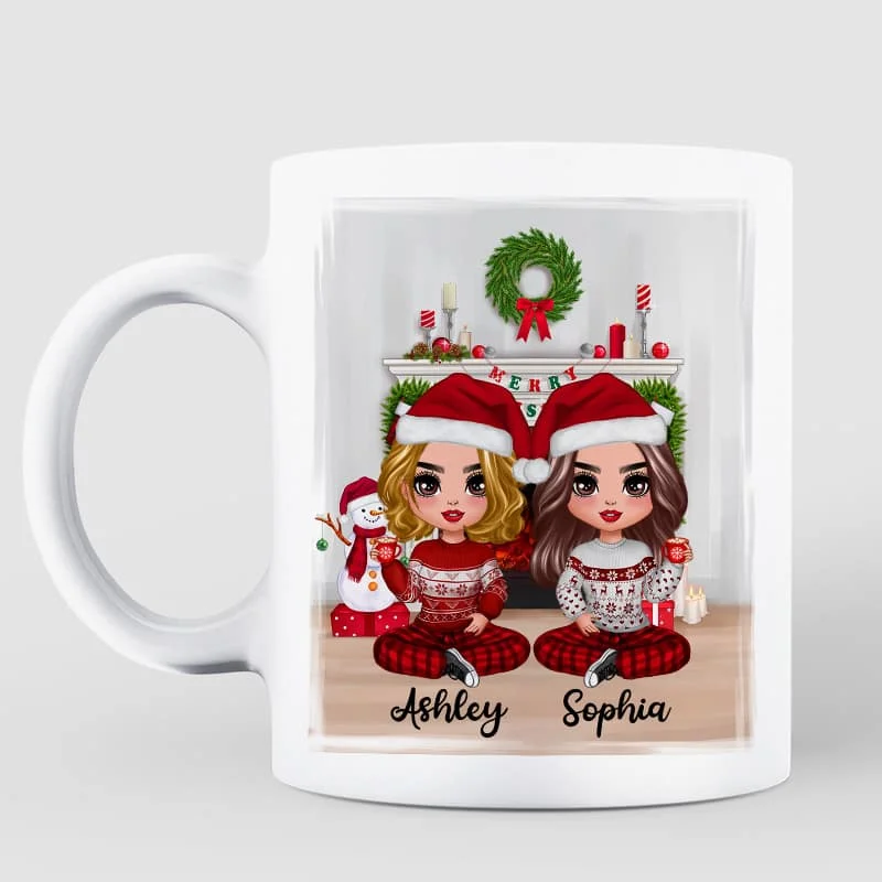 Christmas Doll Besties Sitting At Fireplace Personalized Mug