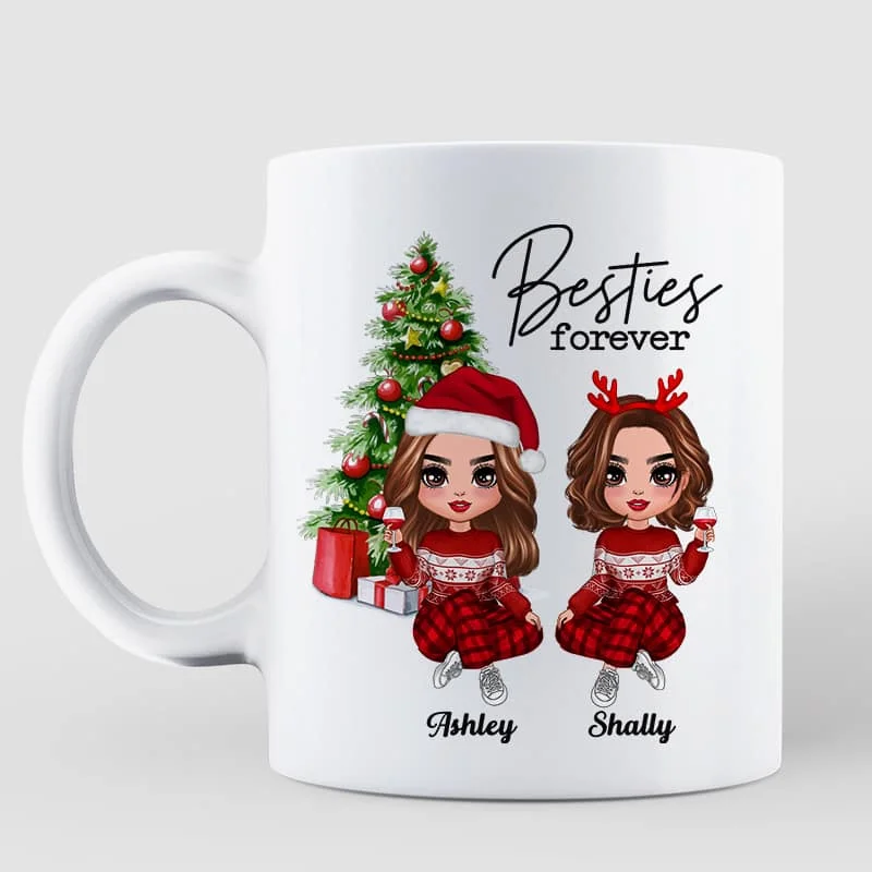 Christmas Doll Besties Sitting By Christmas Tree Personalized Mug