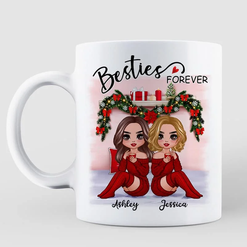 Christmas Doll Besties Sitting On Bed Personalized Mug