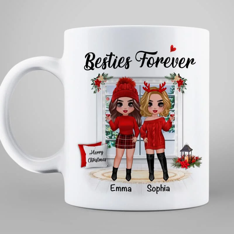 Christmas Doll Besties Standing By The Window Personalized Mug