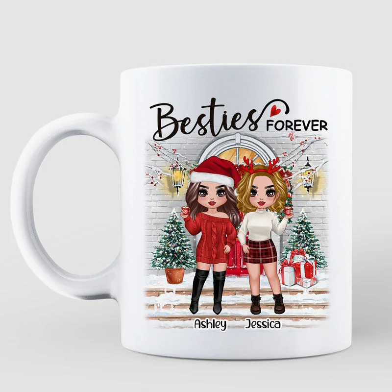 Christmas Doll Besties Standing On Front Porch Personalized Mug