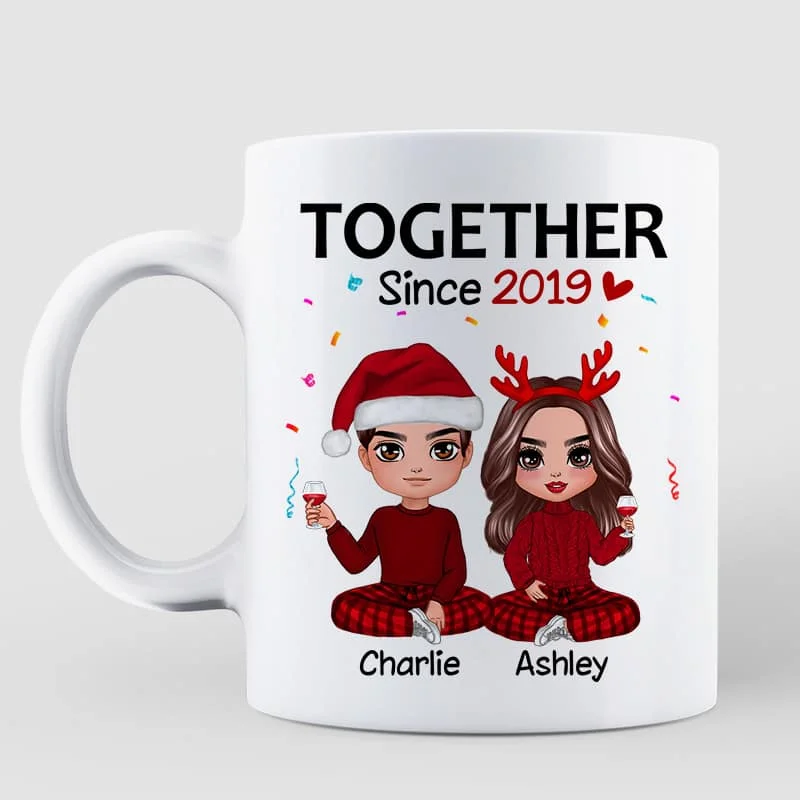 Christmas Doll Couple Sitting Confetti Personalized Mug