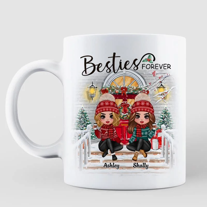 Christmas Doll Sitting Best Friends Sisters Front Porch Personalized Mug