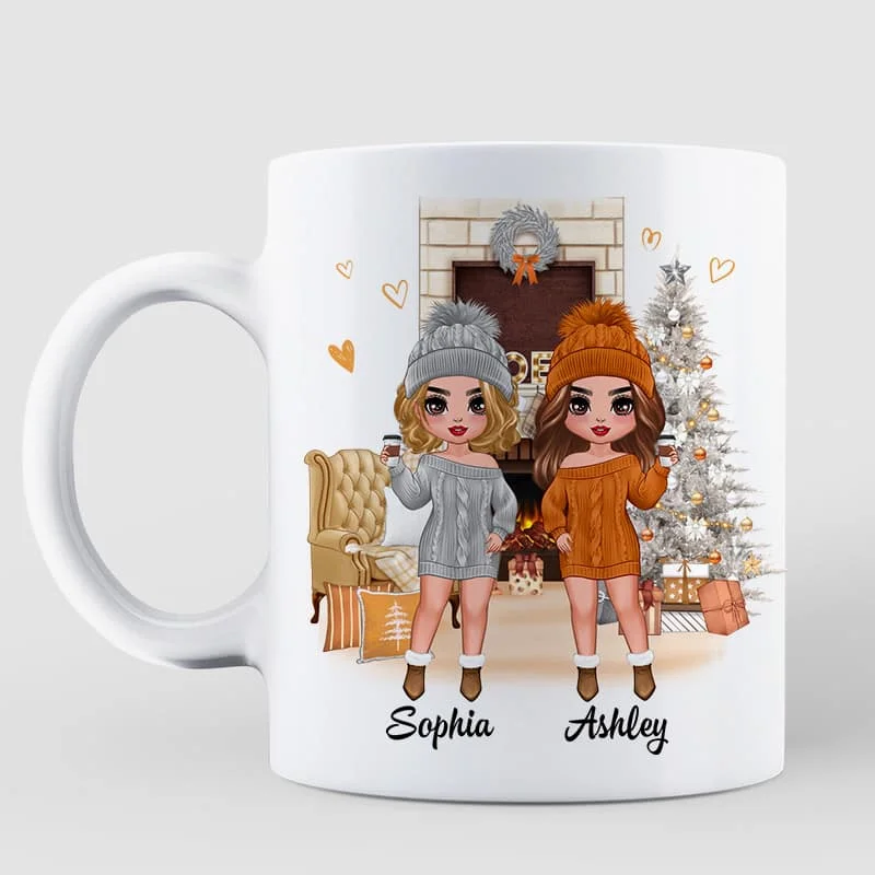 Christmas Fireplace Doll Besties Standing Personalized Mug