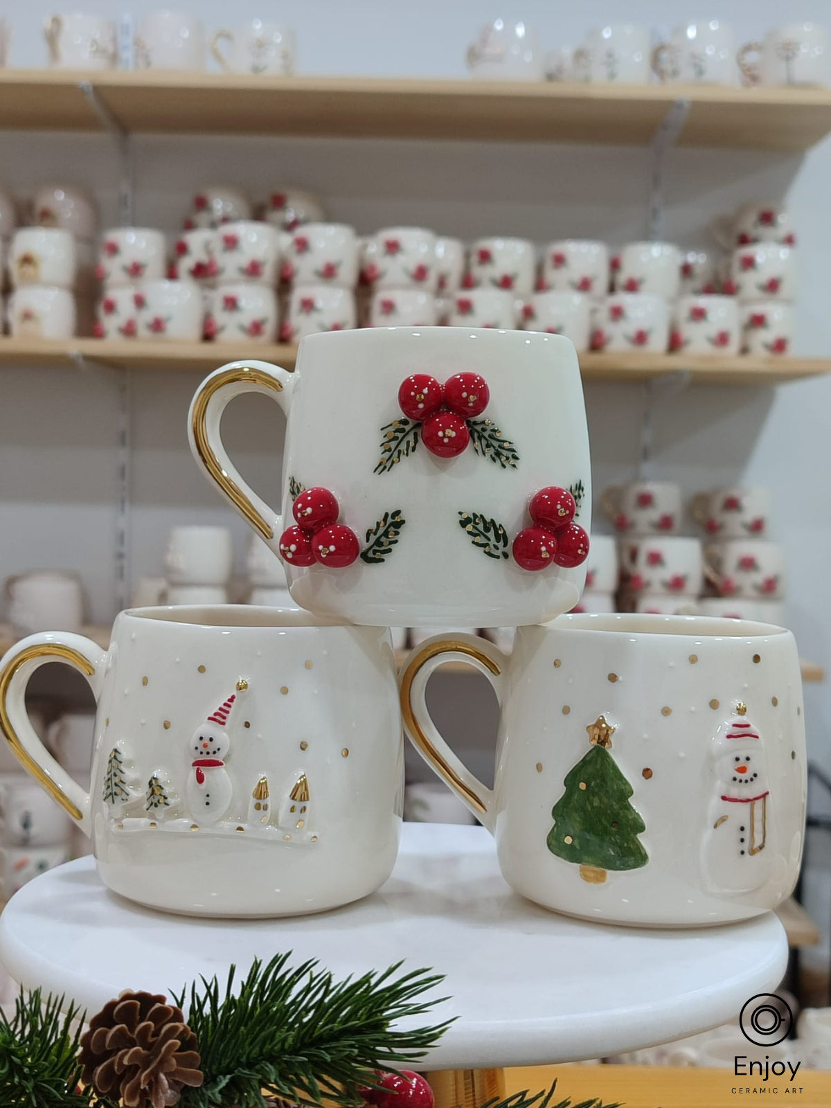 Christmas Ceramic Mug Set – Snowman, Christmas Tree, and Winter Berries, 10oz with Gold Handle