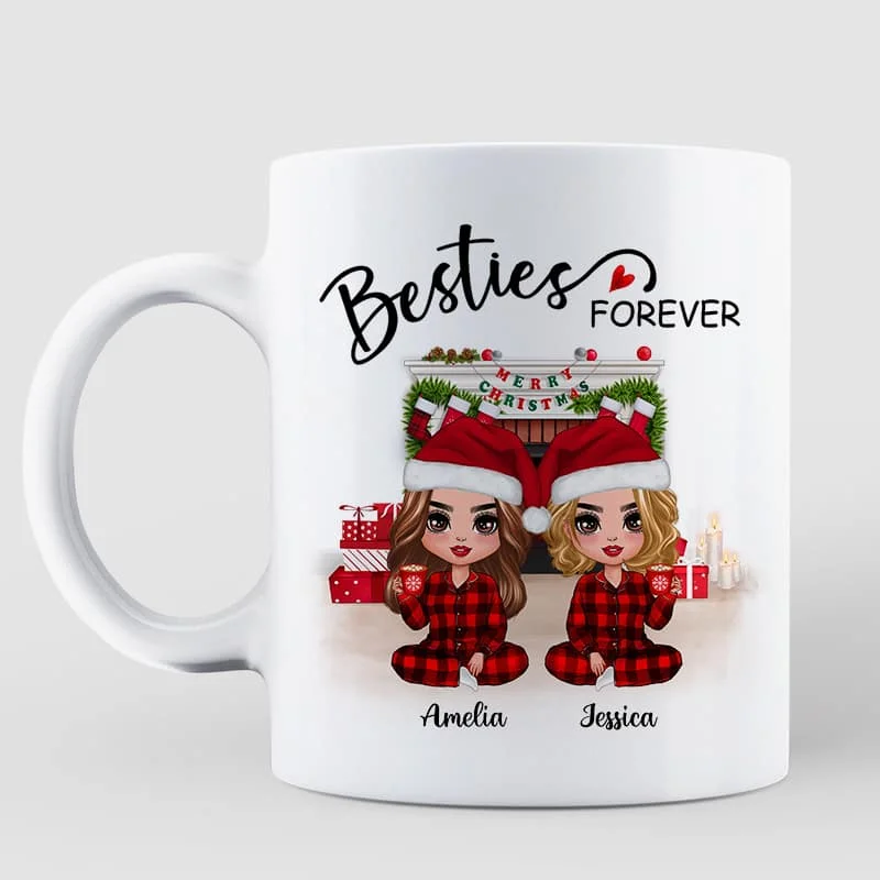 Christmas Pajamas Doll Besties Sisters Sitting At Fireplace Personalized Mug