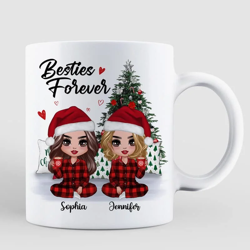 Christmas Pajamas Doll Besties Sisters Sitting Beside Christmas Tree Personalized Mug