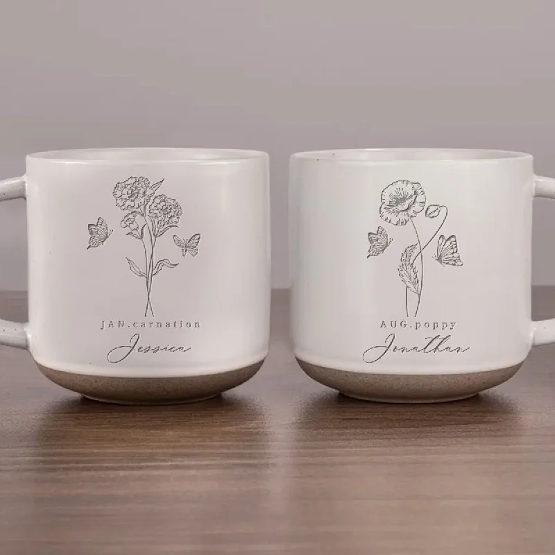 Custom Family Birth Flowers Personalized Engraved Pottery Mug, Birthday Christmas Gift for Mom, Grandma, Dad, Daughter