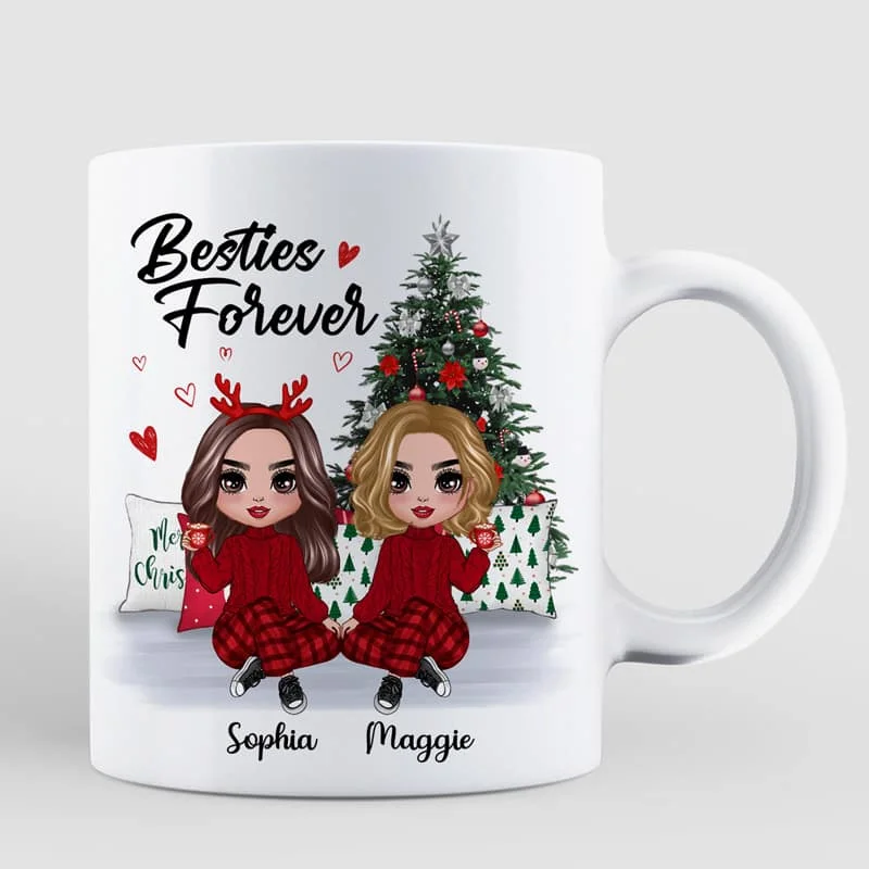 Doll Besties Best Friends Sitting Beside Christmas Tree Personalized Mug