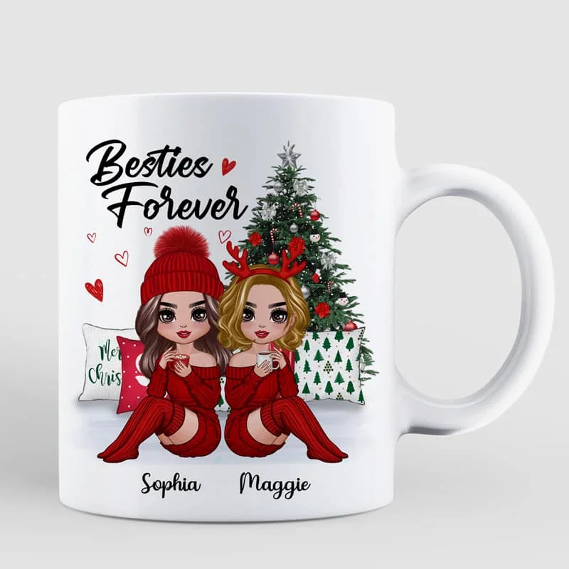 Doll Besties Sitting Beside Christmas Tree Personalized Mug