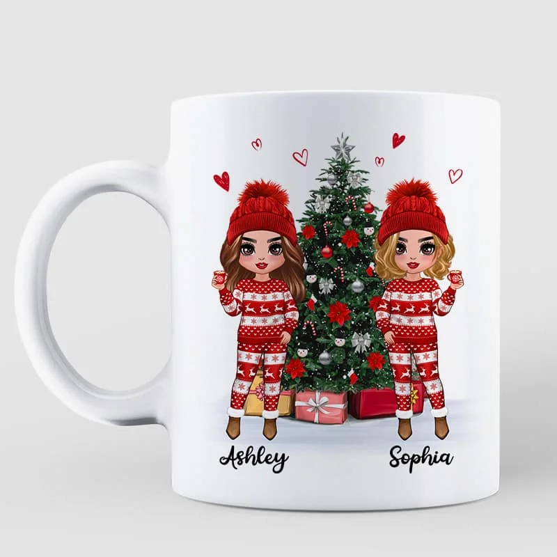 Doll Besties Standing Beside Christmas Tree Personalized Mug