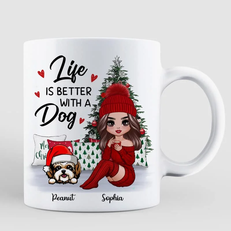 Doll Dog Mom Sitting Beside Christmas Tree Personalized Mug