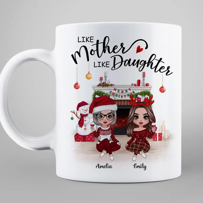 Doll Mother Daughter Sitting At Christmas Fireplace Personalized Mug