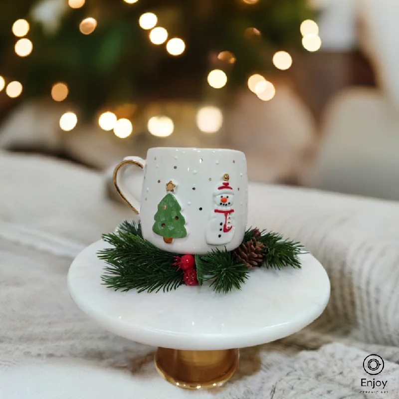 Handmade Snowman and Christmas Tree Ceramic Mug -Festive Christmas Cup with Gold Handle