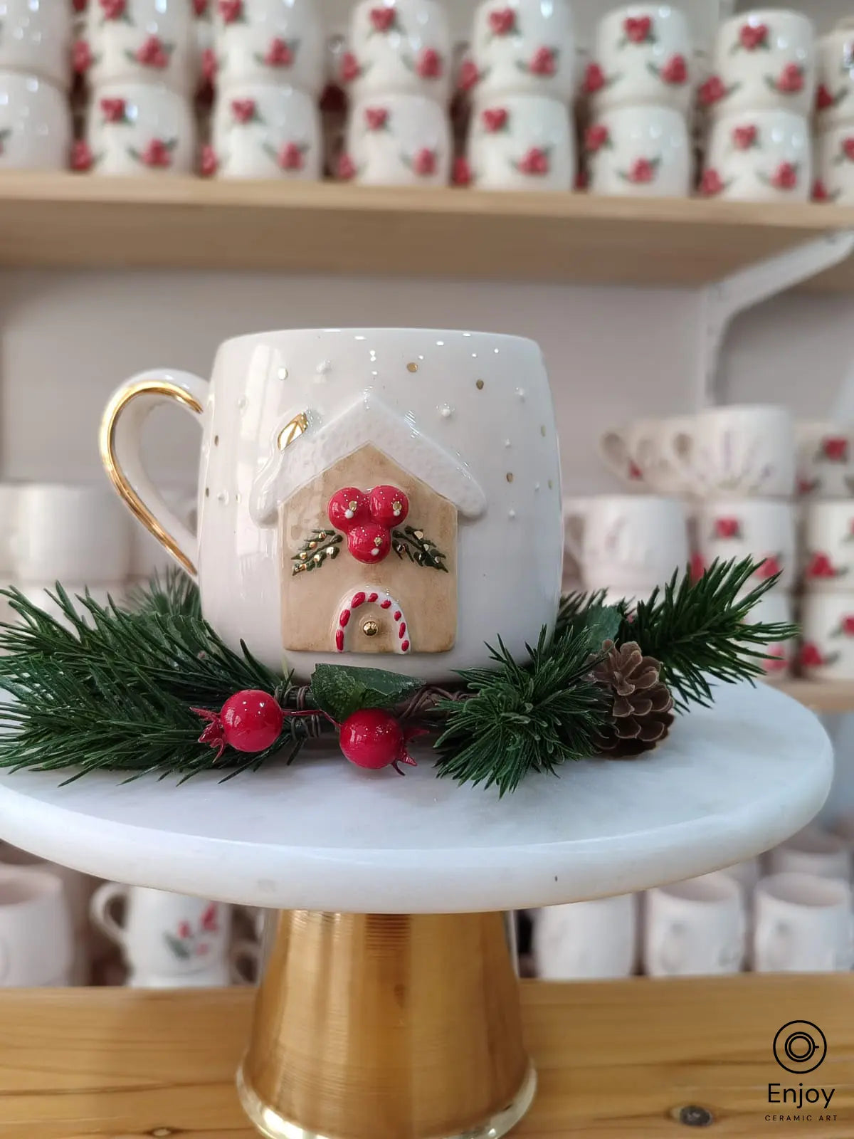 Handmade Gingerbread House Christmas Mug - 10oz Ceramic with Gold Handle