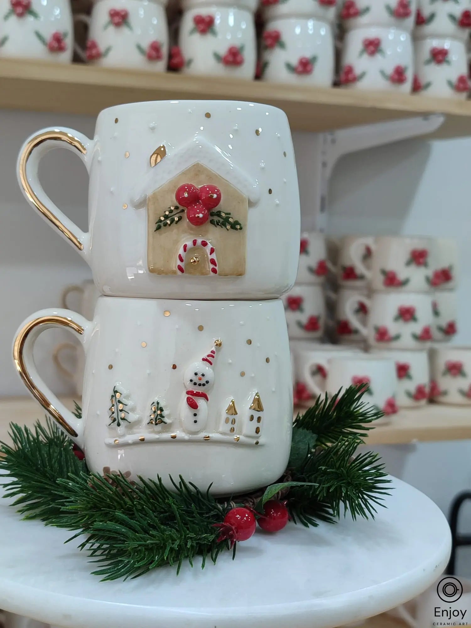 Handmade Christmas Gingerbread House & Snowman Mug Set – Ceramic Mugs with Gold Handle