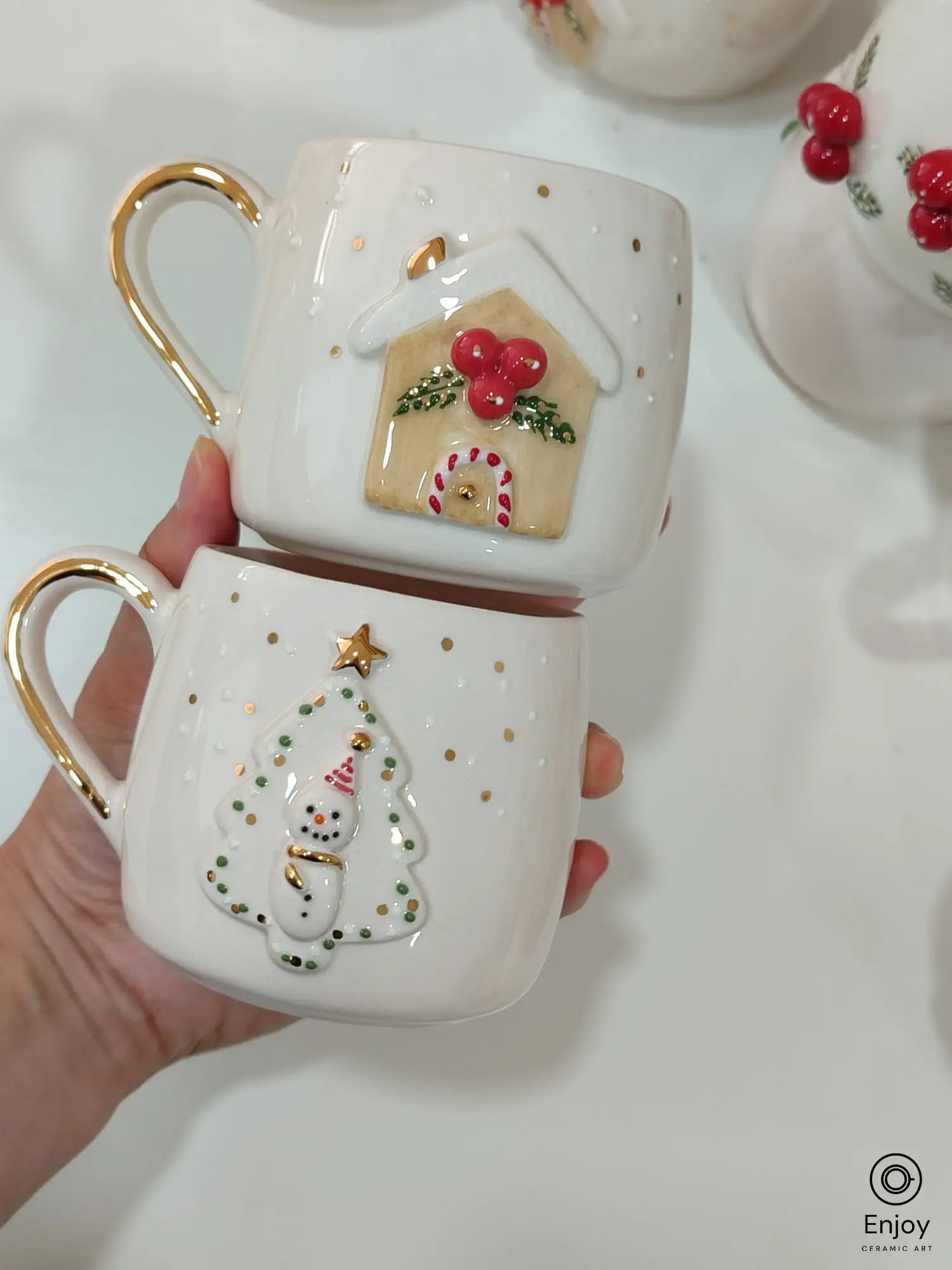 Handmade Gingerbread House & Snowman Christmas Mug Set – Ceramic Mugs with Gold Handle