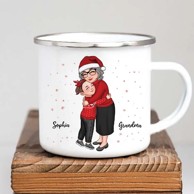 Grandma & Grandkid Hugging Christmas Gift For Granddaughter Grandson Personalized Campfire Enamel Mug