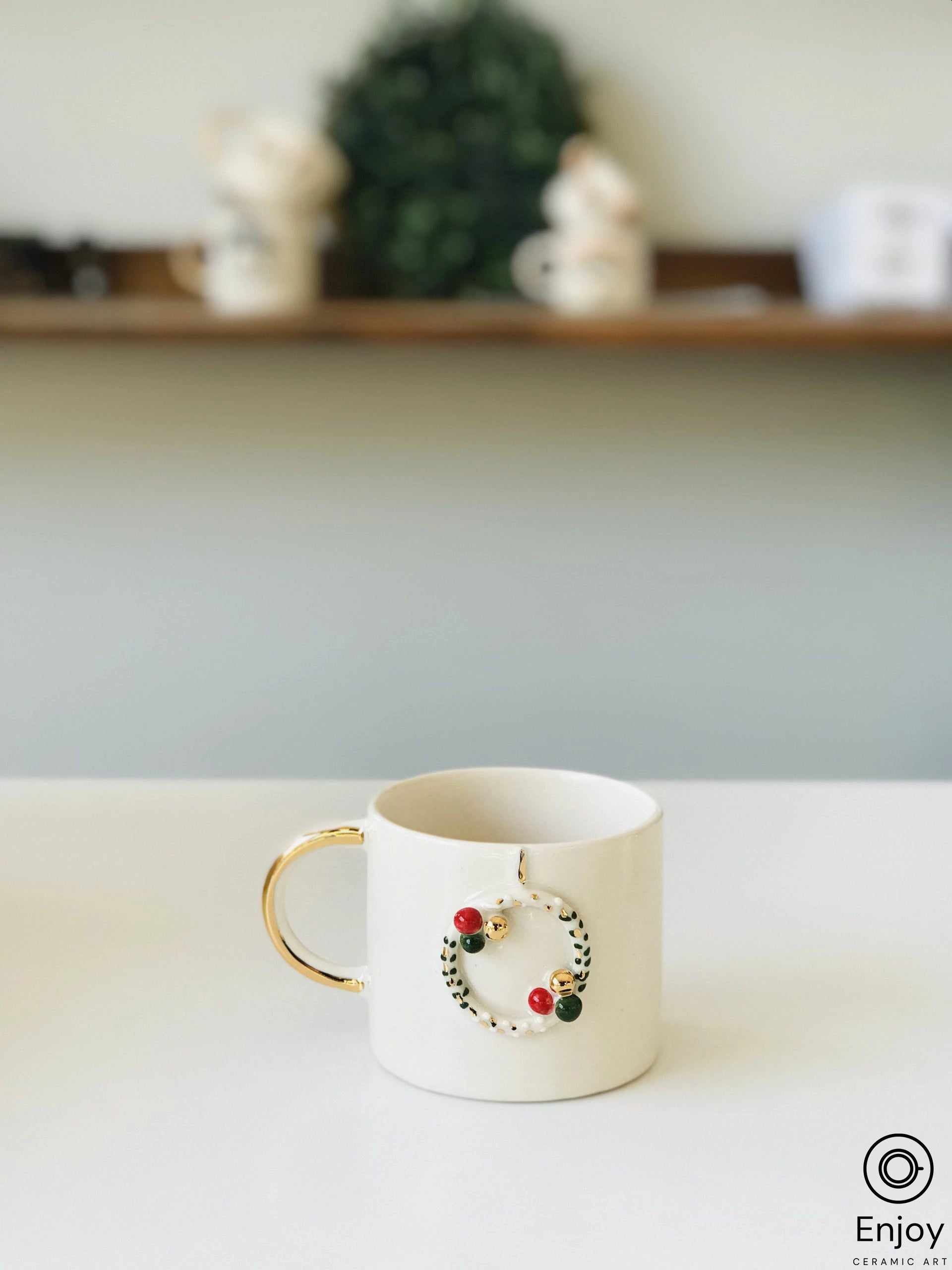 Light Balls Mug - Handcrafted Christmas Wreath Ceramic Coffee Mug - Festive Handmade Mug with Gold Handle, 10 oz