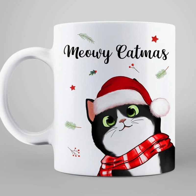 Meowy Catmas Cute Peeking Fluffy Cat Christmas Personalized Mug