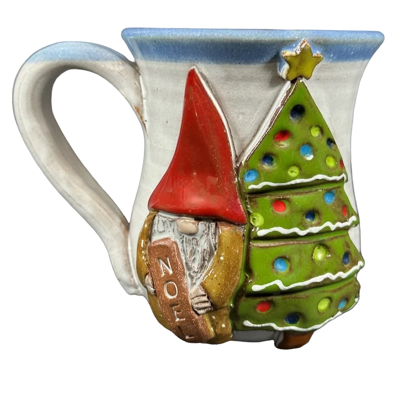 Noel Gnome And Christmas Tree Embossed Hand Thrown Mug Mudworks Pottery