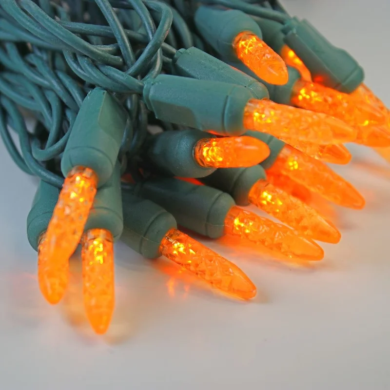 50-light  M5 Orange LED Christmas Lights, 4" Spacing Green Wire