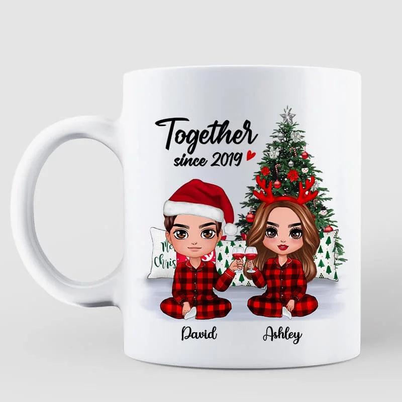 Pajama Doll Couple Sitting Beside Christmas Tree Personalized Mug