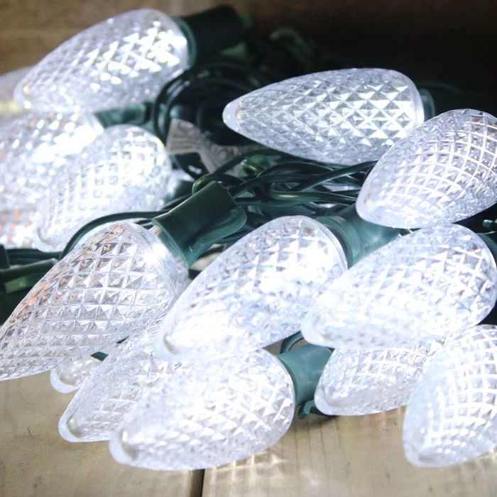 25-light C9 Pure White LED Christmas Lights, 8" Spacing Green Wire