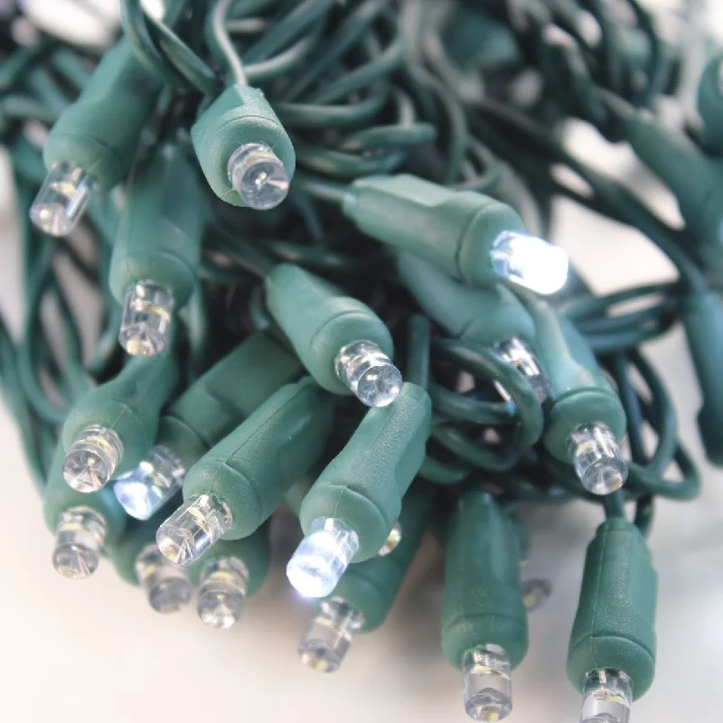 50-light  5mm Pure White Strobe LED Christmas Lights, 4" Spacing Green Wire