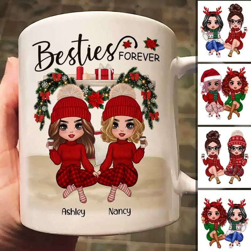 Sitting On Bed Christmas Doll Best Friends Sisters Personalized Mug