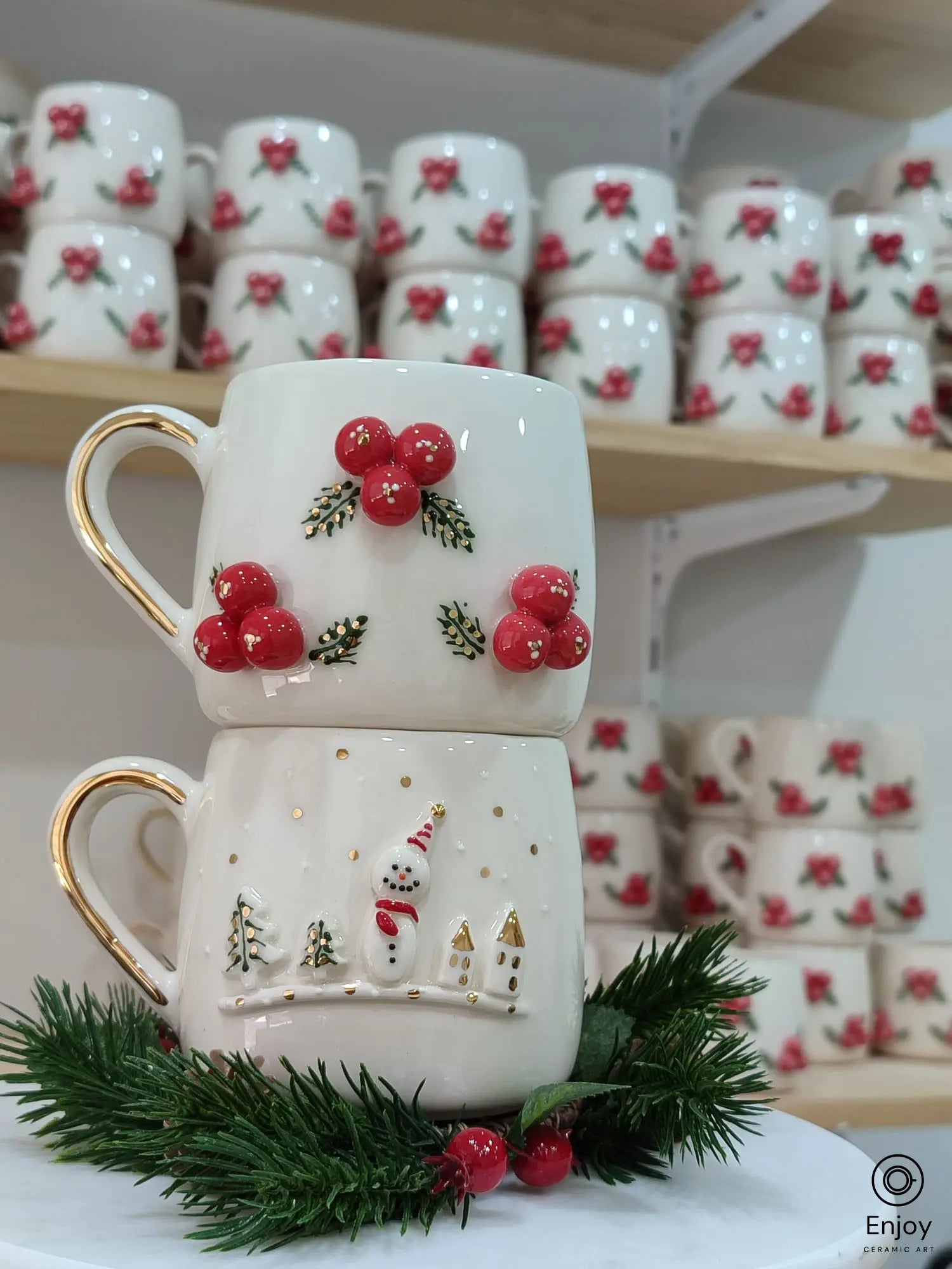 Christmas Snowman & Winterberry Mug Set – Handmade Ceramic Mugs with Gold Handle