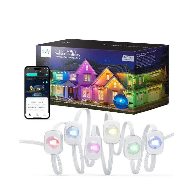 Permanent Outdoor Lights E120, 100ft w/ 60 Dual-LED RGB Lights, App Control, AI Light Design, Christmas Lights, Links w/ Cameras