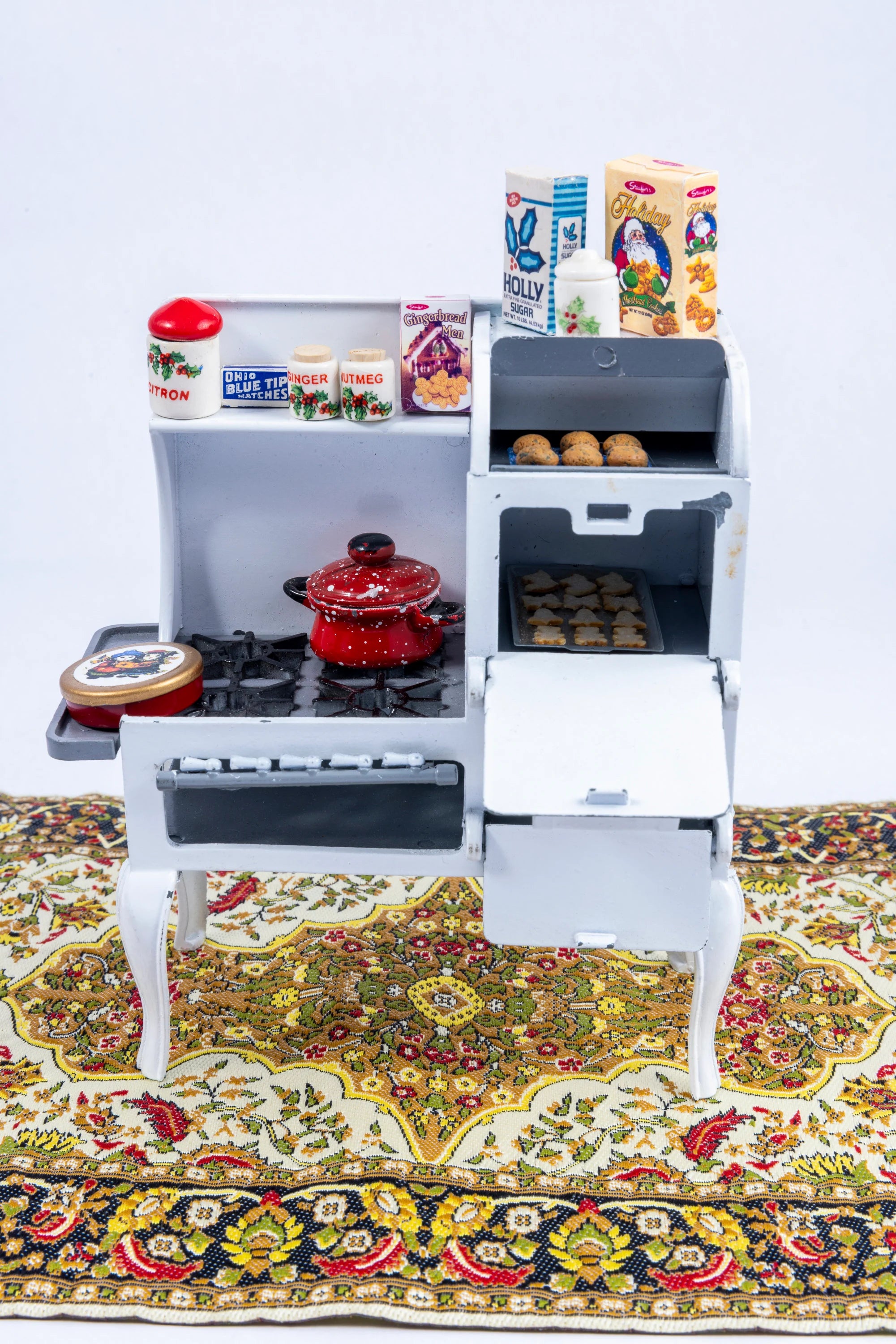 Decorated Roper Stove with Christmas Cookies, Packaged Foods & Rug