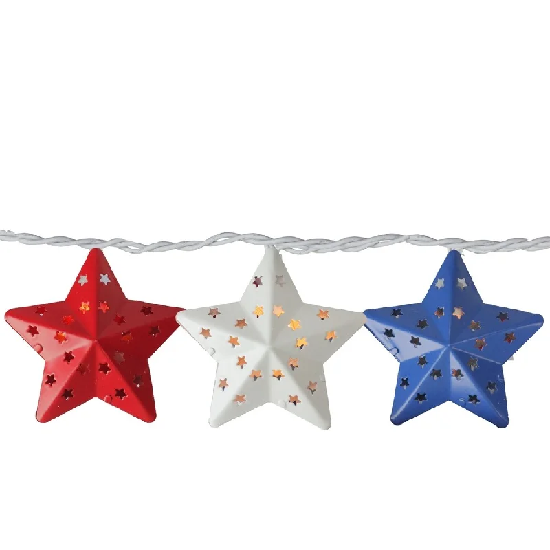 Set of 10 Red White and Blue Metal Star 4th of July Patio Christmas Lights - White Wire