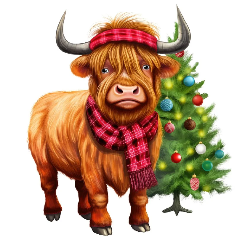 Christmas Spirit Highland Cows 5 Fabric Panel