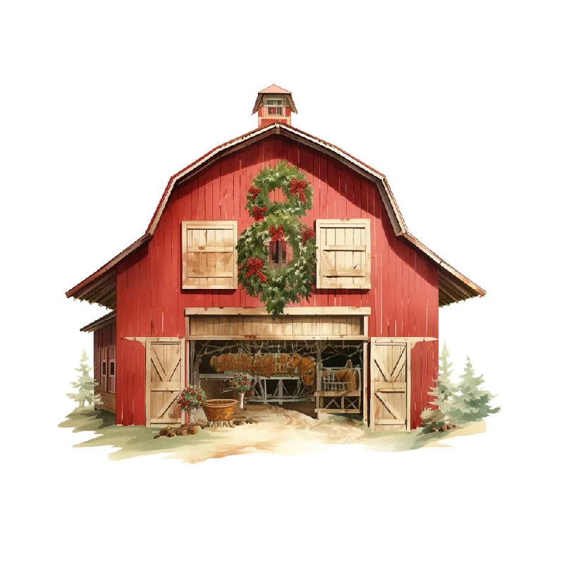 Old School Christmas Farm Barn Portrait Fabric Panel