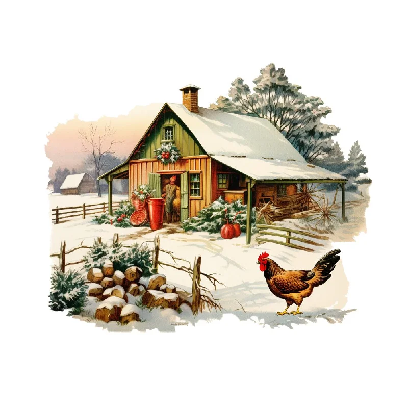 Old School Christmas Farm House 5 Fabric Panel