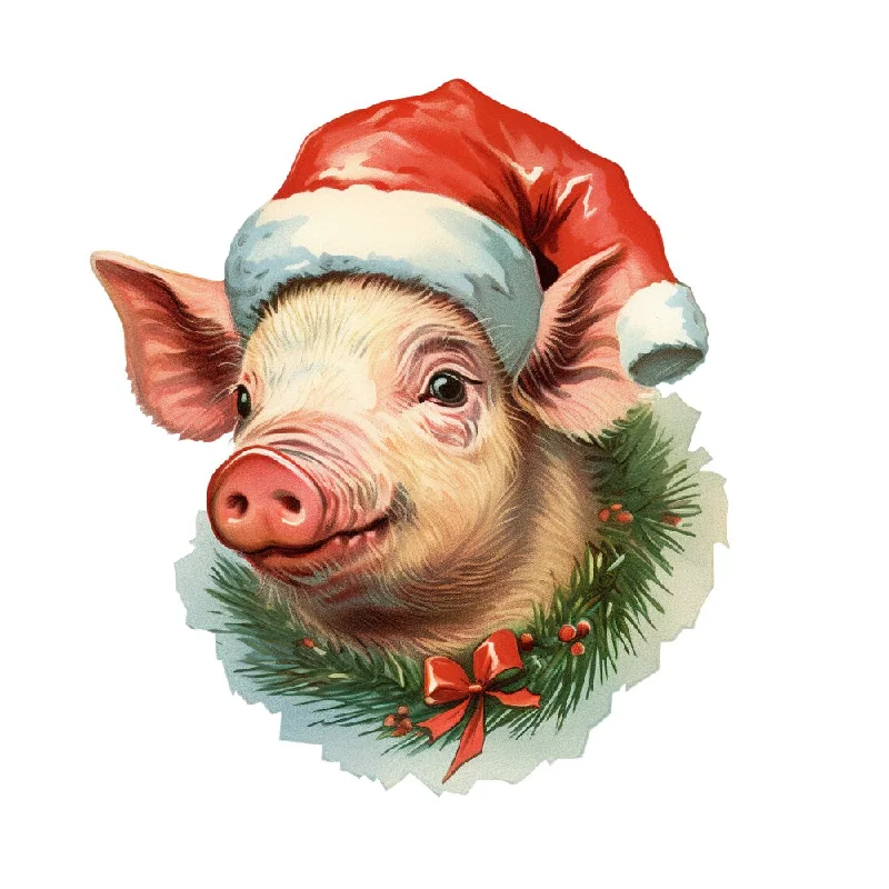 Old School Christmas Pig Portrait Fabric Panel