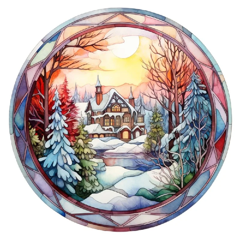 Stained Glass Christmas Cottage 6 Fabric Panel