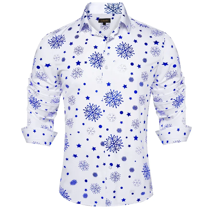 Christmas Blue Snowflakes White Silk Men's Shirt