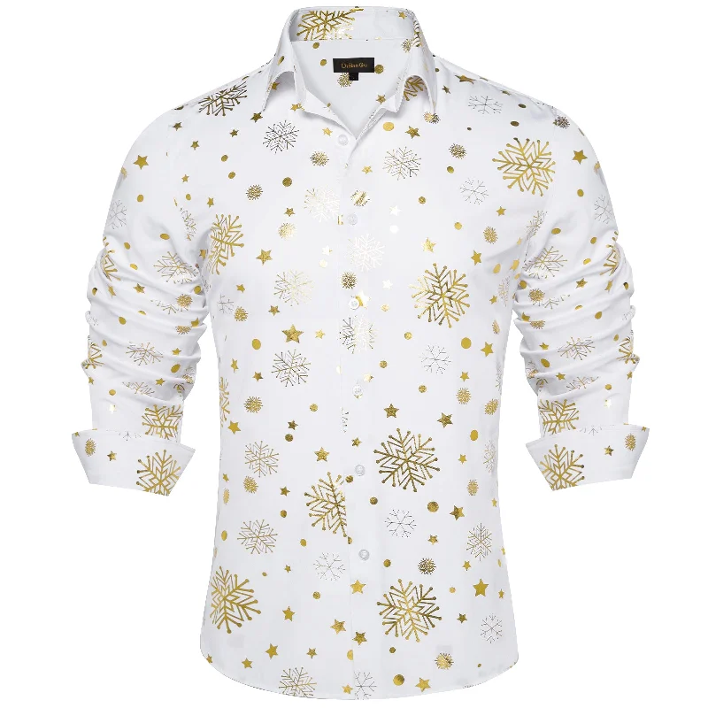 Christmas Golden Snowflakes White Silk Men's Shirt