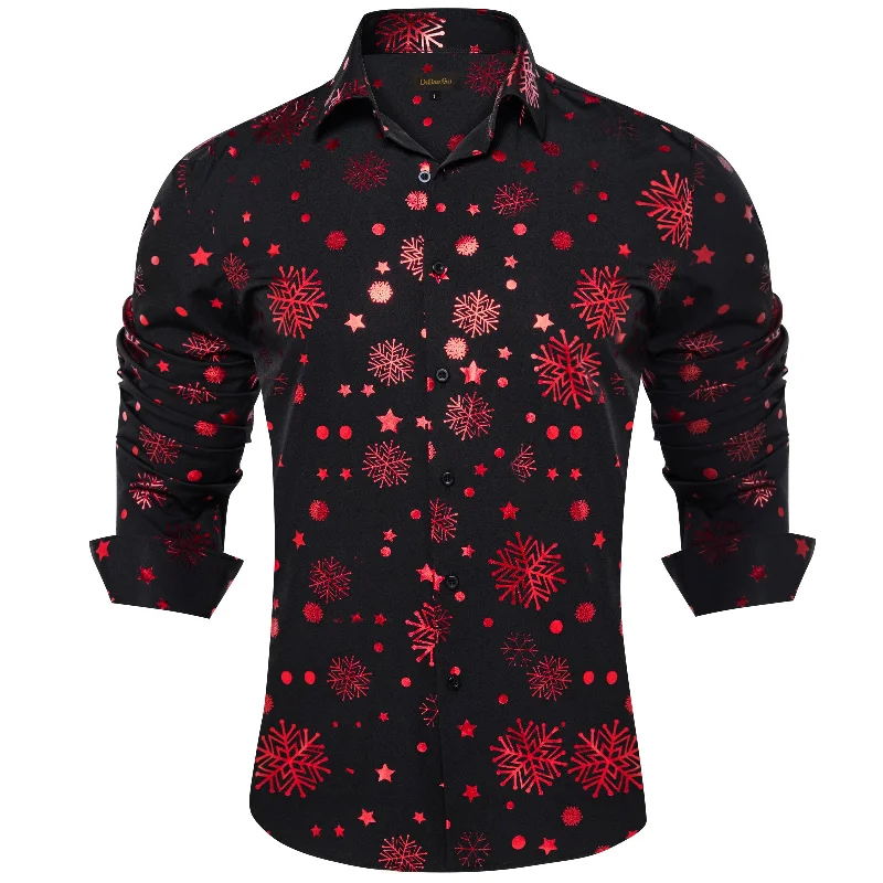 Christmas Red Snowflakes Black Silk Men's Shirt