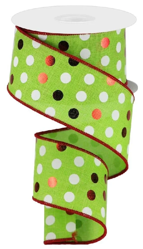 10 Yards of Lime Green Royal Burlap Ribbon with Metallic Polka Dots