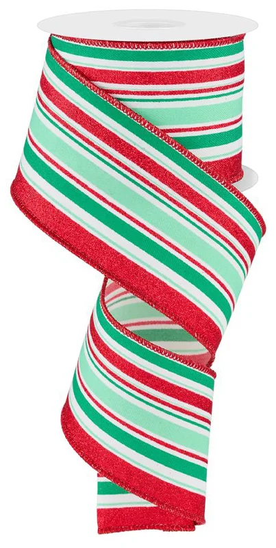 10 Yards of Mint, Jade & Red Vertical Striped Ribbon